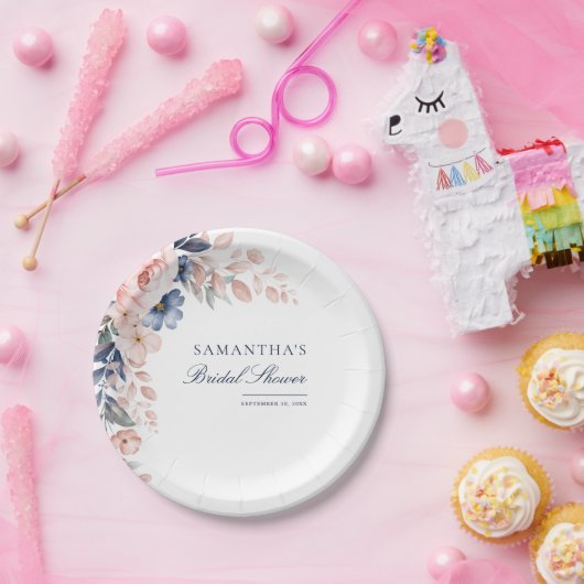 ピンクフローラ水色スクリプトブライダルシャワー ペーパープレート (パーティー)