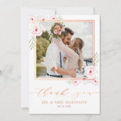 ピンクフローラ水色バラ金ゴールド結婚の写真 サンキューカード (正面)