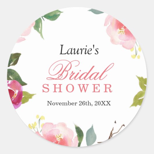 ピンクフローラ水色ブライダルシャワーシール ラウンドシール (正面)