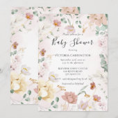 ピンクフローラ水色ベビーシャワー招待状 招待状 (正面/裏面)
