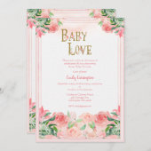 ピンクフローラ水色ベビーラブガールベビーシャワー 招待状 (正面/裏面)