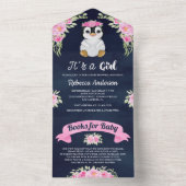 ピンクフローラ水色ペンギン海軍ベビーシャワー オールインワン招待状 (内側)
