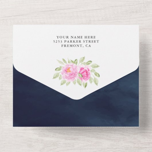 ピンクフローラ水色ペンギン海軍ベビーシャワー オールインワン招待状 (裏面)