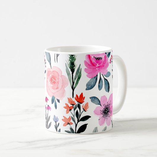 ピンクフローラ水色モダントレンディー鮮やか  コーヒーマグカップ (正面右)