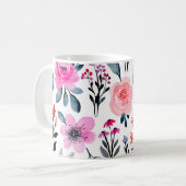 ピンクフローラ水色モダントレンディー鮮やか コーヒーマグカップ (正面左)