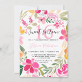 ピンクフローラ水色リーススクリプトSweet 16 招待状 (正面)