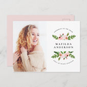 ピンクフローラ水色卒業写真招待状 シーズンポストカード (正面/裏面)