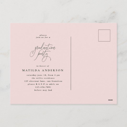 ピンクフローラ水色卒業写真招待状 シーズンポストカード (裏面)