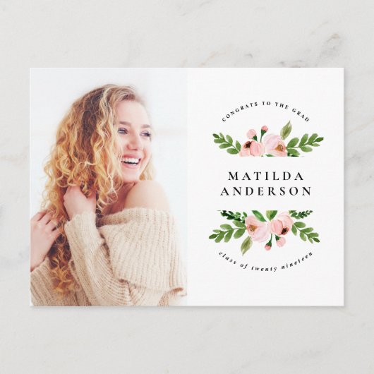 ピンクフローラ水色卒業写真招待状 シーズンポストカード (正面)