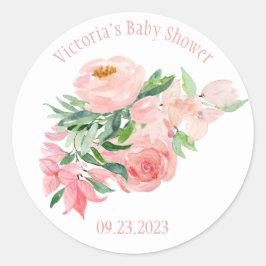 ピンクフローラ水色名日付少女ベビーシャワー ラウンドシール