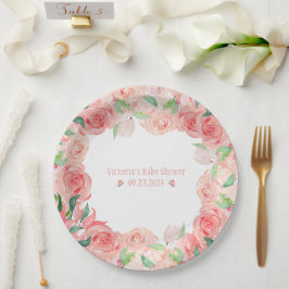 ピンクフローラ水色名日付赤ちゃんガールシャワー ペーパープレート
