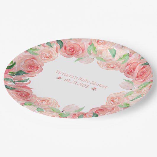 ピンクフローラ水色名日付赤ちゃんガールシャワー ペーパープレート (アングル)
