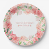 ピンクフローラ水色名日付赤ちゃんガールシャワー ペーパープレート (正面)