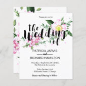 ピンクフローラ水色格安結婚式招待状 (正面/裏面)