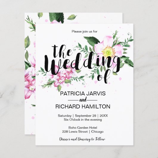 ピンクフローラ水色格安結婚式招待状 (正面/裏面)