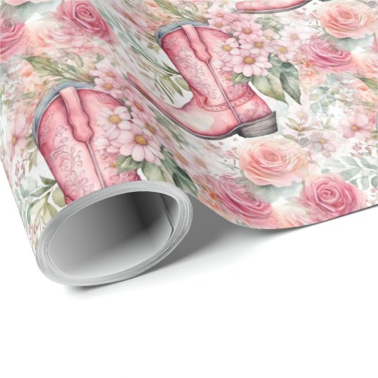 ピンクフローラ沿岸女性のカーボーイ西クリスマス ラッピングペーパー (ロールコーナー)