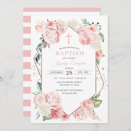 ピンクフローラ洗礼招待状 招待状 (正面/裏面)