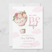 ピンクフローラ熱気球オンダーフル1歳の誕生日 招待状 (正面)