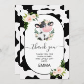ピンクフローラ牛プリントベビーシャワーサンキューカード 招待状 (正面/裏面)