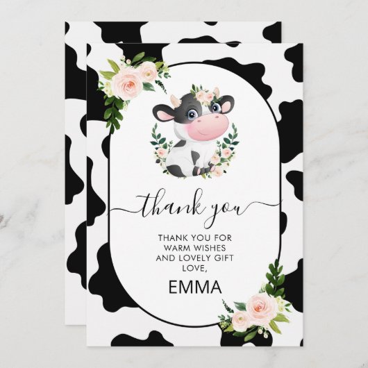 ピンクフローラ牛プリントベビーシャワーサンキューカード 招待状 (正面/裏面)
