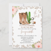 ピンクフローラ牛プリントリトル女性のカーボーイ赤ちゃんシャワー 招待状 (正面)