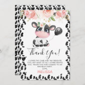 ピンクフローラ牛プリント誕生日サンキューカード 招待状 (正面/裏面)
