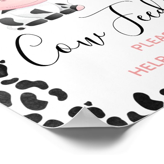 ピンクフローラ牛プリント誕生日パーティーサイン ポスター (角)