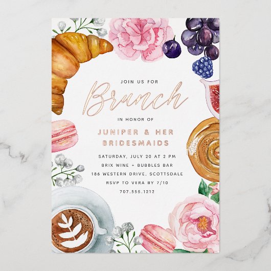 ピンクフローラ牡丹ブライズメイドブランチバラ金ゴールド 箔招待状 (正面)