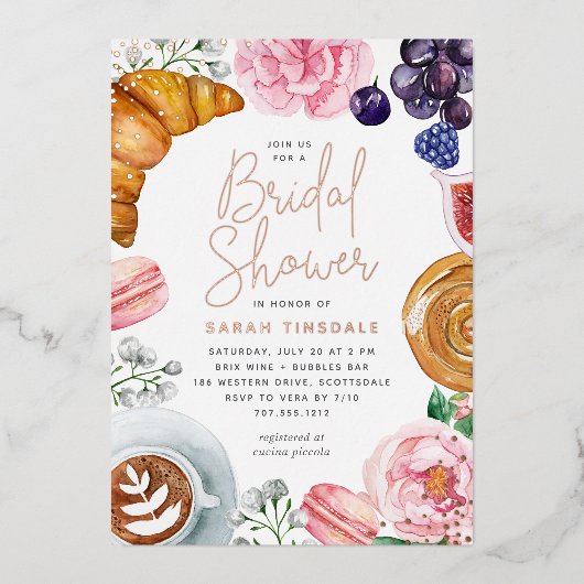 ピンクフローラ牡丹ブライダルシャワーブランチバラ金ゴールド 箔招待状 (正面)