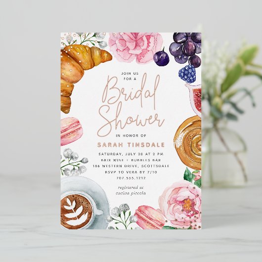 ピンクフローラ牡丹ブライダルシャワーブランチバラ金ゴールド 箔招待状 (立ち正面)