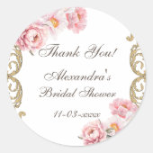 ピンクフローラ牡丹ヴィンテージブライダルシャワーありがとう ラウンドシール (正面)