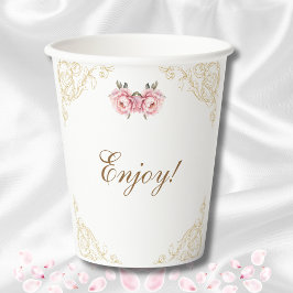 ピンクフローラ牡丹ヴィンテージブライダルシャワー 紙コップ