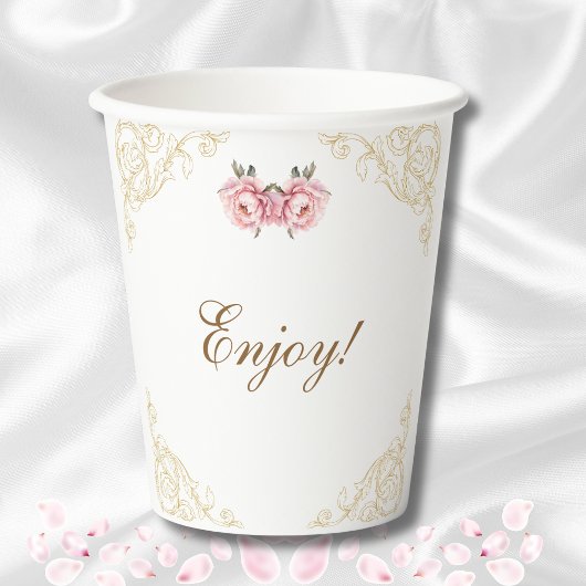 ピンクフローラ牡丹ヴィンテージブライダルシャワー 紙コップ