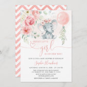 ピンクフローラ甘い小さな女の子ゾウ赤ちゃんシャワー 招待状 (正面/裏面)