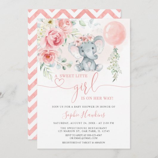 ピンクフローラ甘い小さな女の子ゾウ赤ちゃんシャワー 招待状 (正面/裏面)