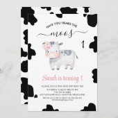 ピンクフローラ白黒グレイ牛プリント誕生日 招待状 (正面/裏面)