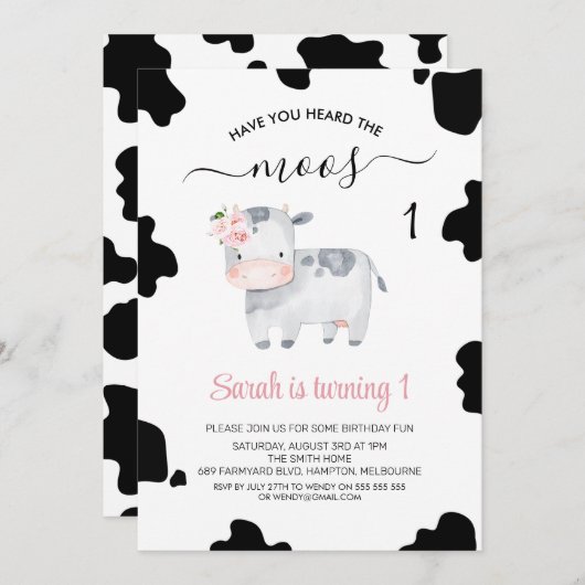 ピンクフローラ白黒グレイ牛プリント誕生日 招待状 (正面/裏面)