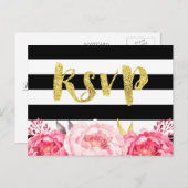 ピンクフローラ白黒ストライプ金ゴールドグリッターRSVP インビテーションポストカード (正面/裏面)