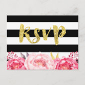 ピンクフローラ白黒ストライプ金ゴールドグリッターRSVP インビテーションポストカード (正面)