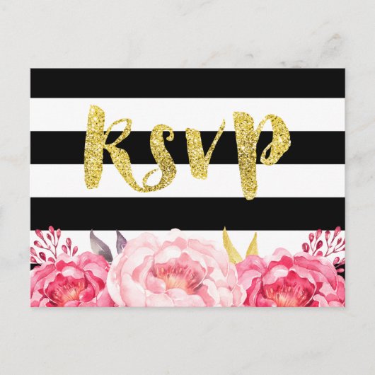 ピンクフローラ白黒ストライプ金ゴールドグリッターRSVP インビテーションポストカード (正面)