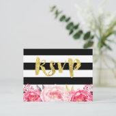 ピンクフローラ白黒ストライプ金ゴールドグリッターRSVP インビテーションポストカード (スタンド正面)