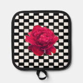 ピンクフローラ白黒市松模様に4月 鍋敷き (正面)
