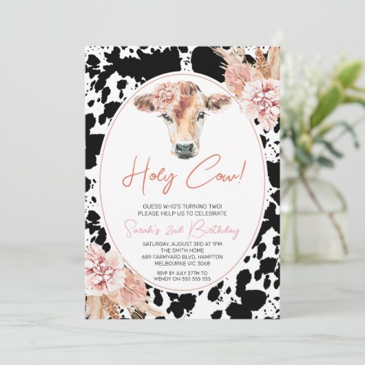 ピンクフローラ白黒牛プリント誕生日 招待状 (スタンド正面)
