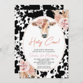 ピンクフローラ白黒牛プリント誕生日 招待状 (正面/裏面)