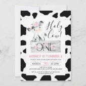 ピンクフローラ白黒牛プリント1st誕生日 招待状 (正面)