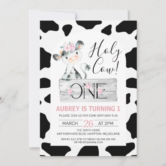 ピンクフローラ白黒牛プリント1st誕生日 招待状 (正面)