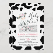 ピンクフローラ白黒牛プリント1st誕生日 招待状 (正面/裏面)
