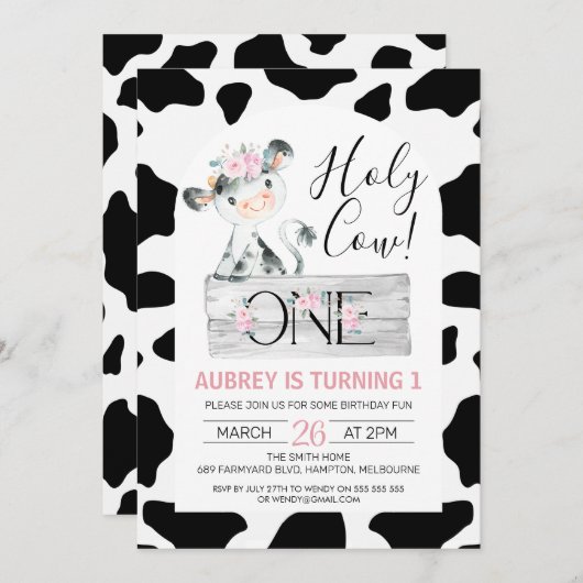 ピンクフローラ白黒牛プリント1st誕生日 招待状 (正面/裏面)