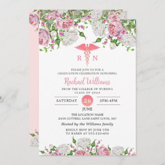 ピンクフローラ看護学校卒業パーティー 招待状 (正面/裏面)