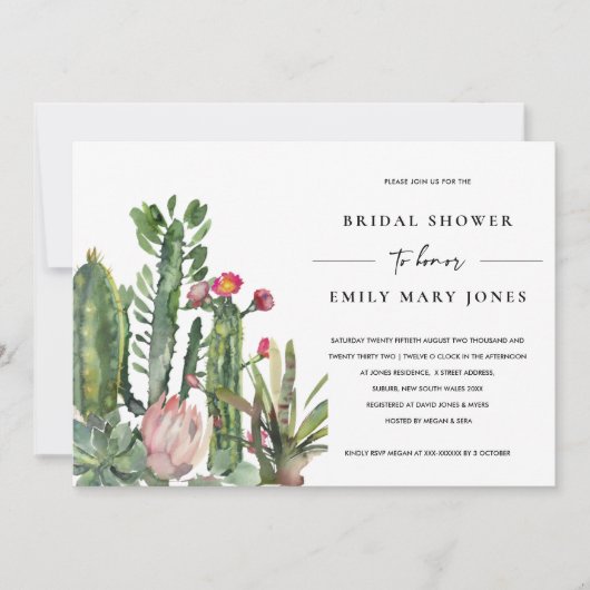 ピンクフローラ砂漠のサボテンの葉ブライダルシャワー 招待状 (正面)